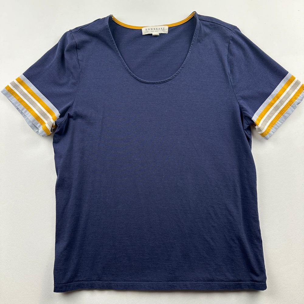 DownEast Blue & Yellow Collegiate Scoopneck Tee Sz Medium Striped Cuffs Preppy - Picture 2 of 6
